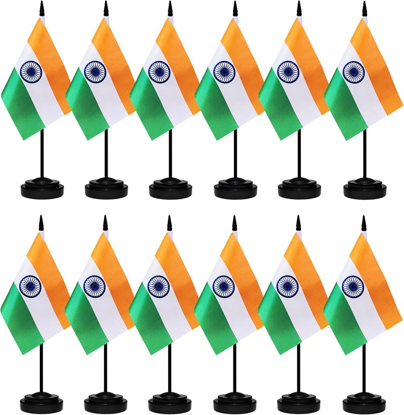 BCLin 12 Pack India Desk Flags Set, Indian Small Mini Table Office Flags with 12" Solid Black Pole, 8.2 x 5.5 Inches, Home and Office Decoration, Festival Celebrations - Image 1